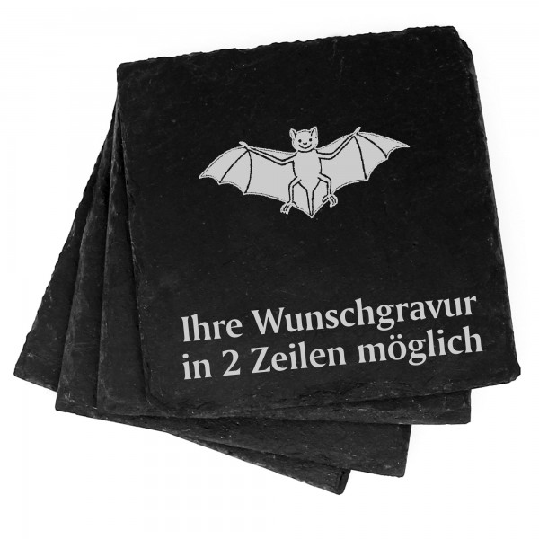 4x niedliche Fledermaus Deko Schiefer Untersetzer Wunschgravur Set - 11 x 11 cm