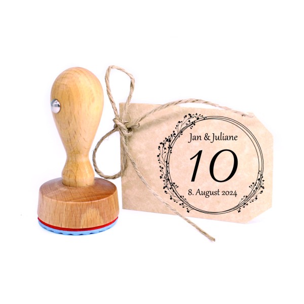 Motivstempel Hochzeitstag Jubiläum 10 Jahre mit Namen + Datum Vintage Kranz Stempel Ø 40 mm