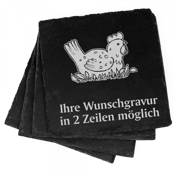 4x liegendes Huhn Deko Schiefer Untersetzer Wunschgravur Set - 11 x 11 cm