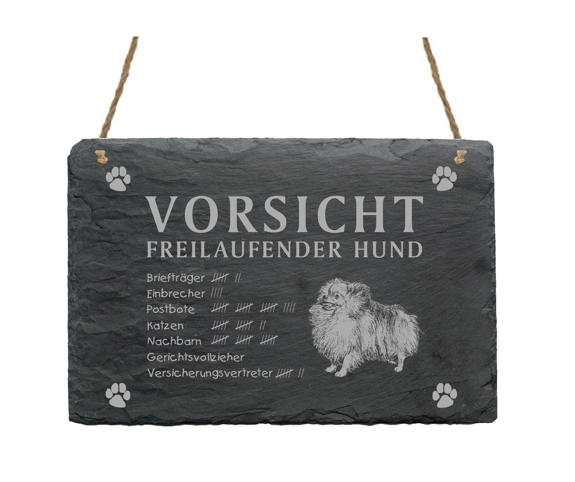 Vorsicht freilaufender Hund &quot;Zwergspitz&quot; Schiefertafel