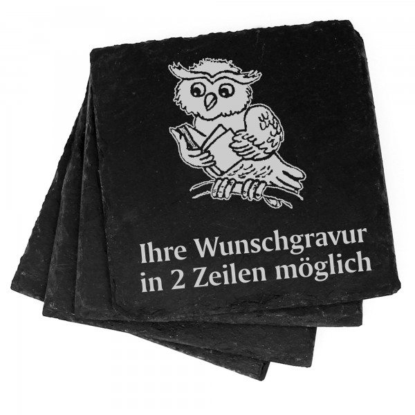 4x niedliche Eule mit Buch Deko Schiefer Untersetzer Wunschgravur Set - 11 x 11 cm