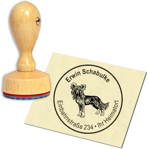 Stempel Adressstempel Holzstempel - Chinesischer Schopfhund - rund 40mm