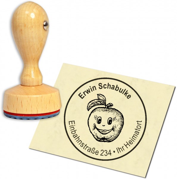 Stempel Adressstempel Holzstempel - Apfel mit Gesicht - rund 40mm