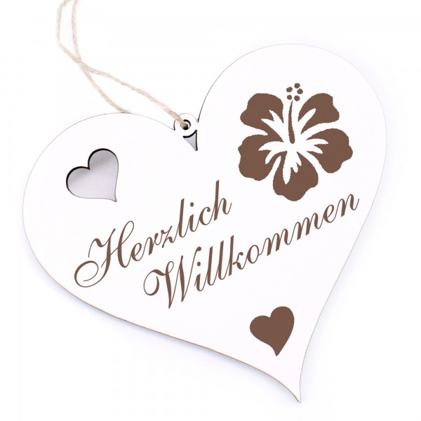 Herzlich Willkommen Schild - Hibiskus - Deko Herz Holz