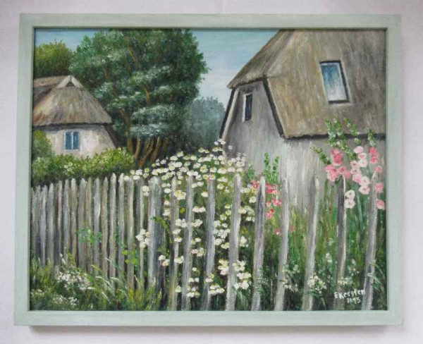 Ölgemälde Bauernhäuser Gartenzaun Blumengarten Neeberg 50 x 40 cm - Landschaft Natur Malerei Unikat