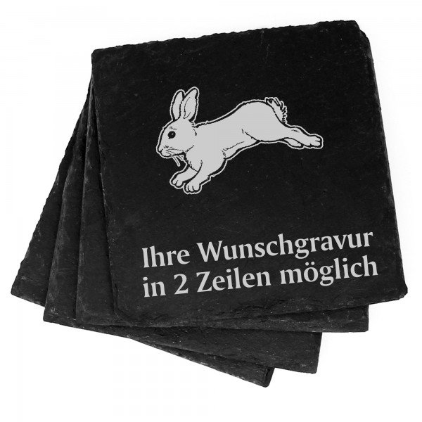 4x springender Hase Deko Schiefer Untersetzer Wunschgravur Set - 11 x 11 cm