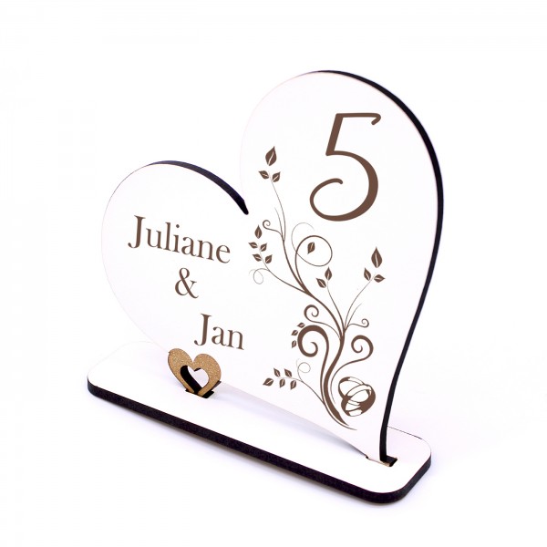 Hölzerne Hochzeit Deko Herz Aufsteller Hochzeitstag 5 Jahre Jubiläum personalisiert 15 x 15 cm