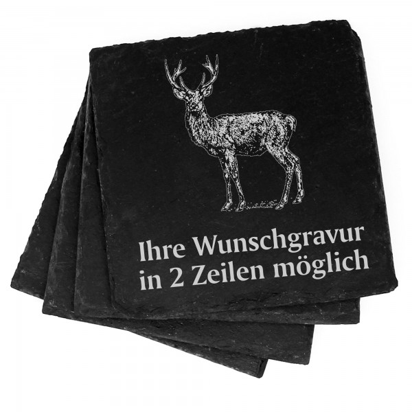 4x Hirsch Deko Schiefer Untersetzer Wunschgravur Set - 11 x 11 cm