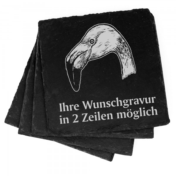 4x Flamingo Kopf Deko Schiefer Untersetzer Wunschgravur Set - 11 x 11 cm