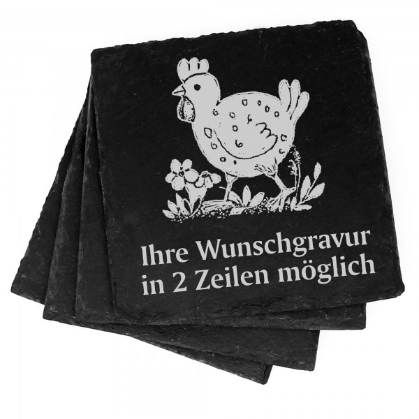 4x Huhn auf einer Wiese Deko Schiefer Untersetzer Wunschgravur Set - 11 x 11 cm