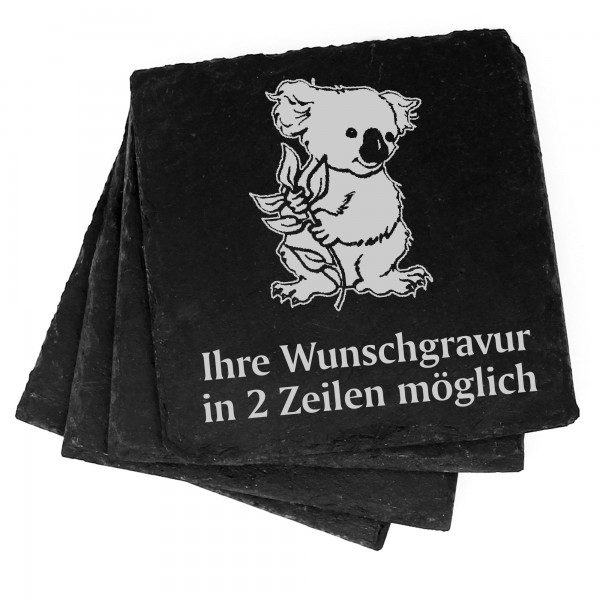 4x Koala mit Blatt Deko Schiefer Untersetzer Wunschgravur Set - 11 x 11 cm