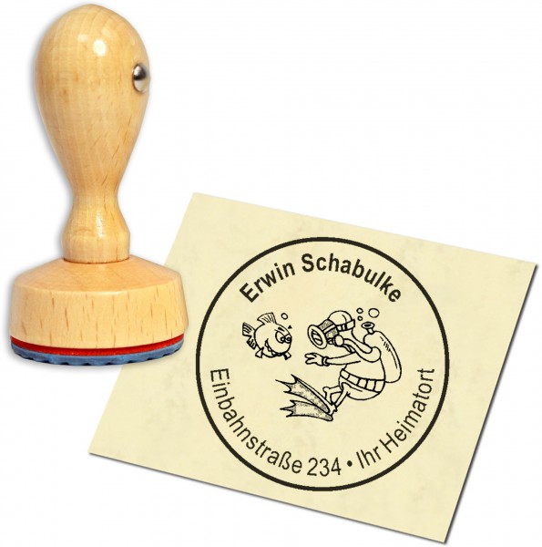 Stempel Adressstempel Holzstempel - Taucher mit Fisch - rund 40mm