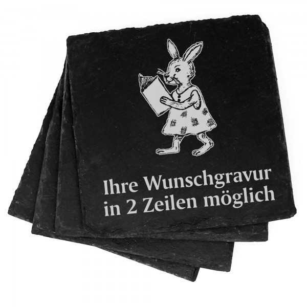 4x Hase mit Buch Deko Schiefer Untersetzer Wunschgravur Set - 11 x 11 cm