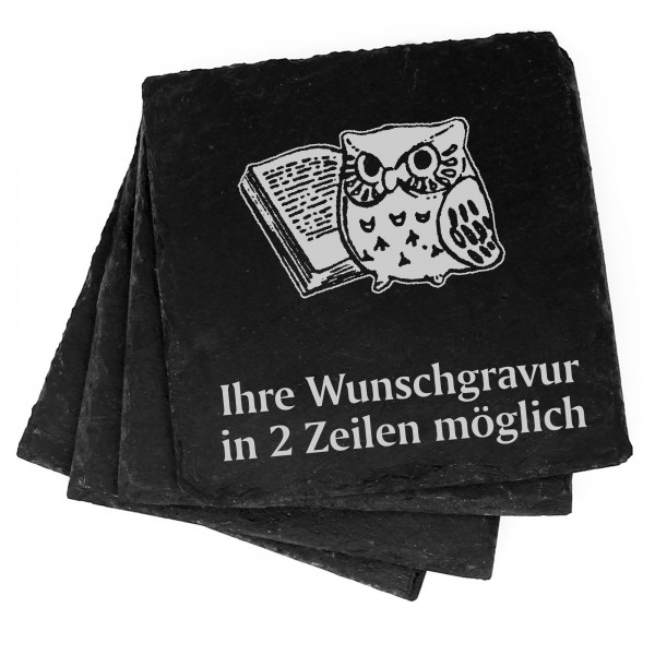 4x Eule und Buch Deko Schiefer Untersetzer Wunschgravur Set - 11 x 11 cm