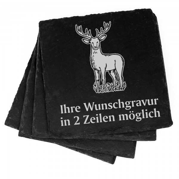 4x gezeichneter Hirsch Deko Schiefer Untersetzer Wunschgravur Set - 11 x 11 cm