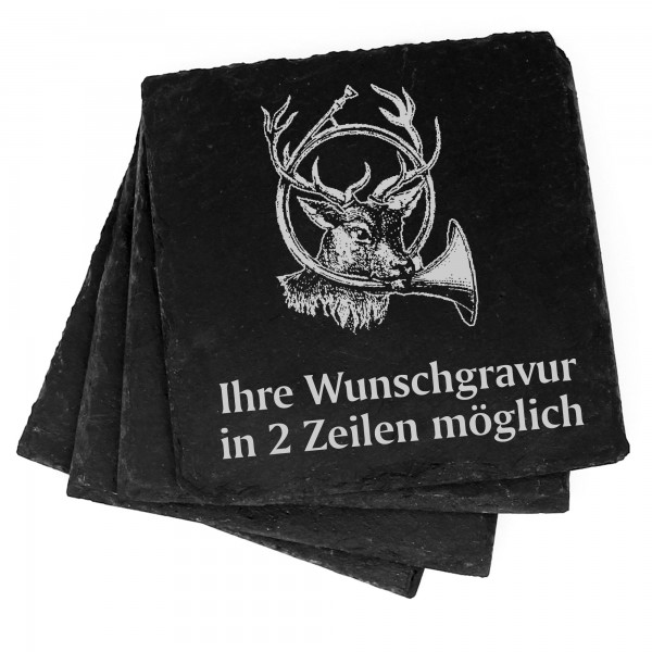 4x Hirsch mit Waldhorn Deko Schiefer Untersetzer Wunschgravur Set - 11 x 11 cm