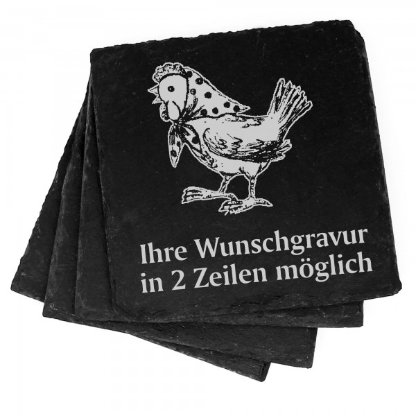 4x Huhn mit Kopftuch Deko Schiefer Untersetzer Wunschgravur Set - 11 x 11 cm