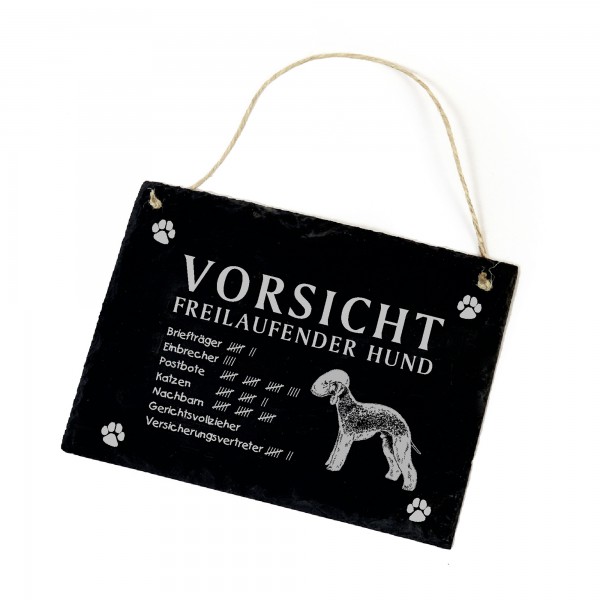 Vorsicht freilaufender Hund Bedlington Terrier Hundeschild Schild aus Schiefer  22cm x 16cm