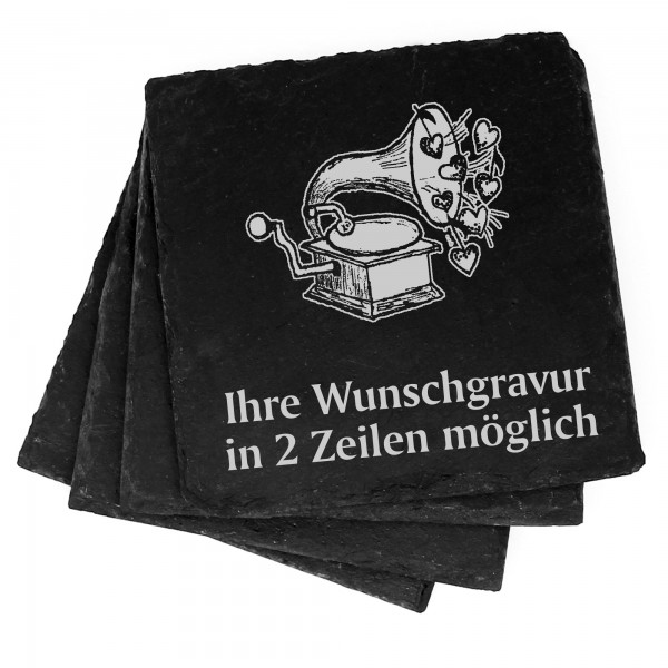 4x Grammophon mit Herzen Deko Schiefer Untersetzer Wunschgravur Set - 11 x 11 cm