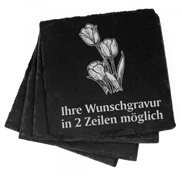 4x drei Tulpen Deko Schiefer Untersetzer Wunschgravur Set - 11 x 11 cm