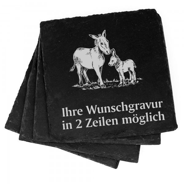 4x Esel mit Jungtier Deko Schiefer Untersetzer Wunschgravur Set - 11 x 11 cm