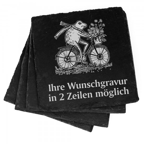 4x Frosch auf Fahrrad Deko Schiefer Untersetzer Wunschgravur Set - 11 x 11 cm