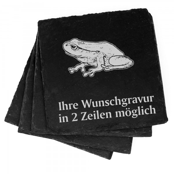 4x Frosch Sitzend Deko Schiefer Untersetzer Wunschgravur Set - 11 x 11 cm