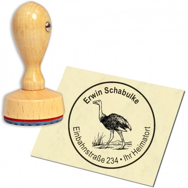 Stempel Adressstempel Holzstempel - Vogel Strauß - rund 40mm