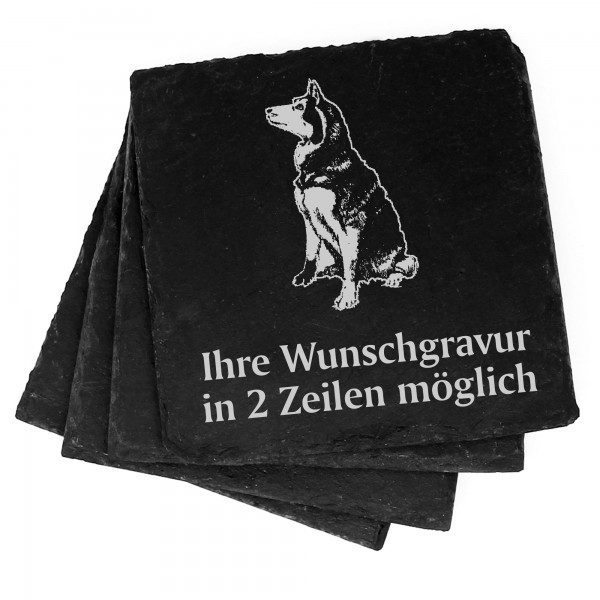 4x sitzender Siberian Husky Deko Schiefer Untersetzer Wunschgravur Set - 11 x 11 cm