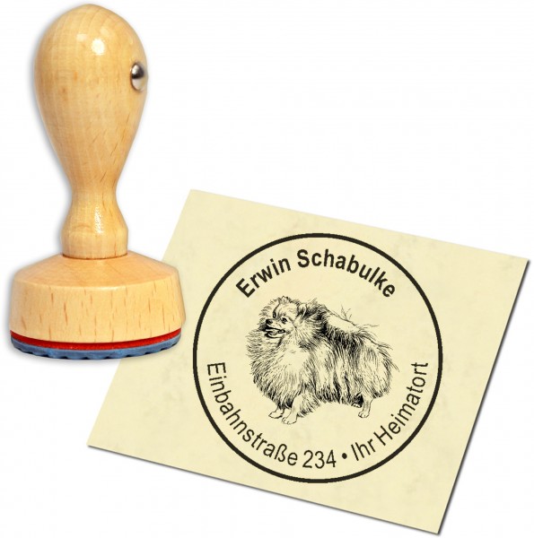 Stempel Adressstempel Holzstempel - Pomeranian Zwergspitz - rund 40mm