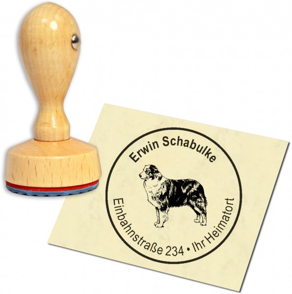 Stempel Adressstempel Holzstempel - Australian Shepherd - rund 40mm