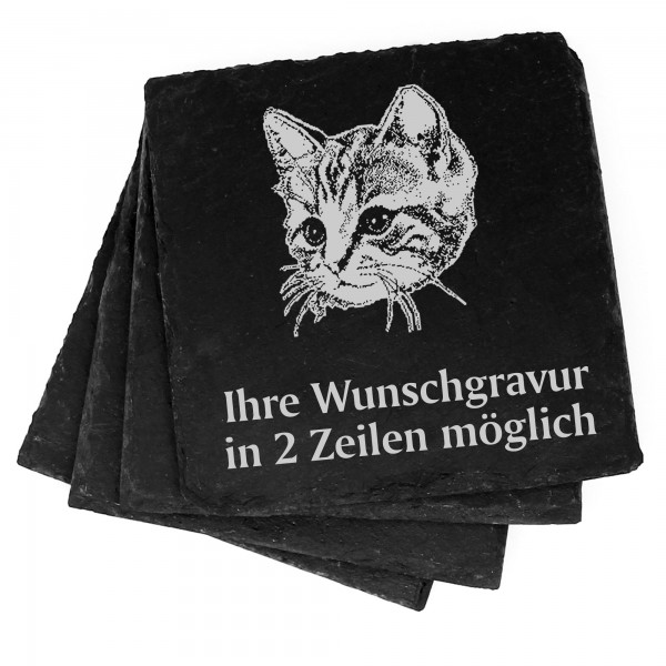 4x Hauskatze Kopf Deko Schiefer Untersetzer Wunschgravur Set - 11 x 11 cm