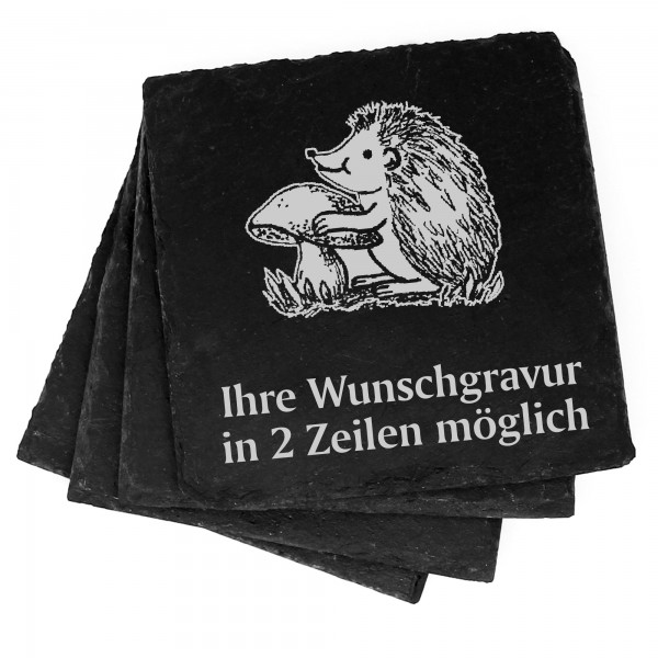 4x Igel mit Pilz Deko Schiefer Untersetzer Wunschgravur Set - 11 x 11 cm