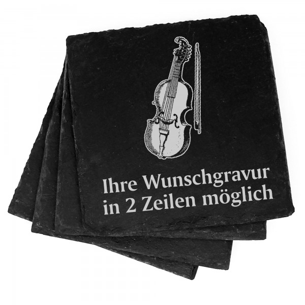 4x Geige Deko Schiefer Untersetzer Wunschgravur Set - 11 x 11 cm