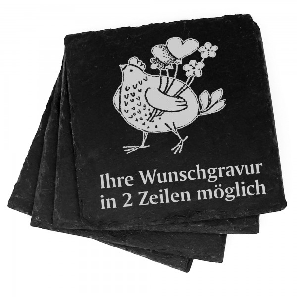 4x Henne mit Herzen Deko Schiefer Untersetzer Wunschgravur Set - 11 x 11 cm