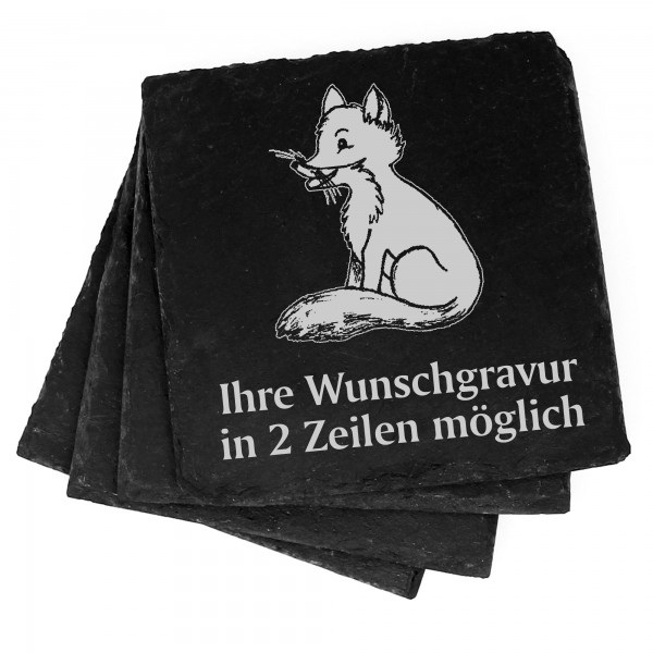 4x sitzender Fuchs Deko Schiefer Untersetzer Wunschgravur Set - 11 x 11 cm