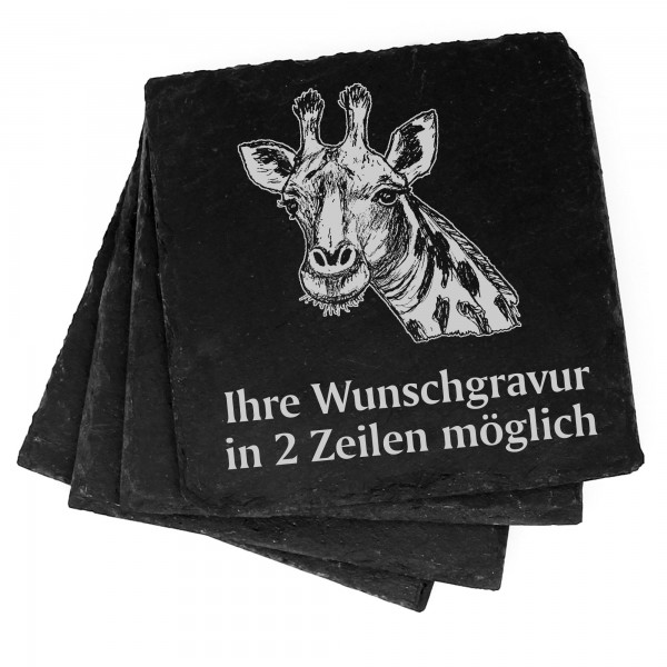 4x Giraffe Kopf Deko Schiefer Untersetzer Wunschgravur Set - 11 x 11 cm