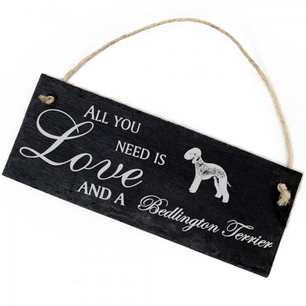 Schiefertafel Deko Bedlington Terrier Schild 22 x 8 cm - All you need is Love and a Bedlington Terri