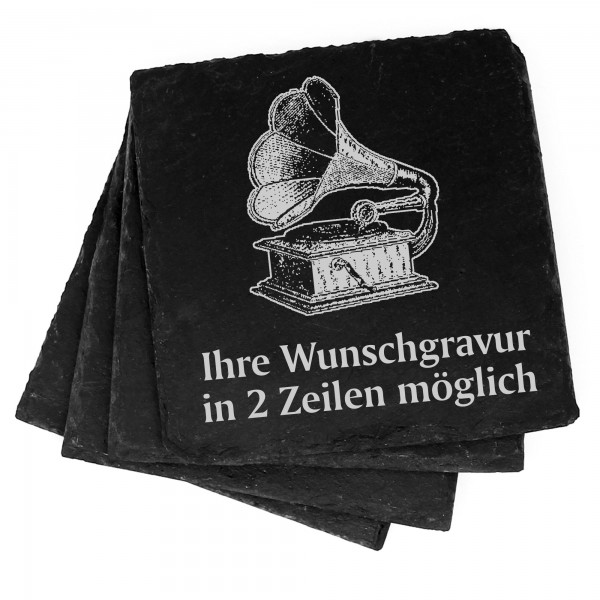 4x Grammophon Deko Schiefer Untersetzer Wunschgravur Set - 11 x 11 cm