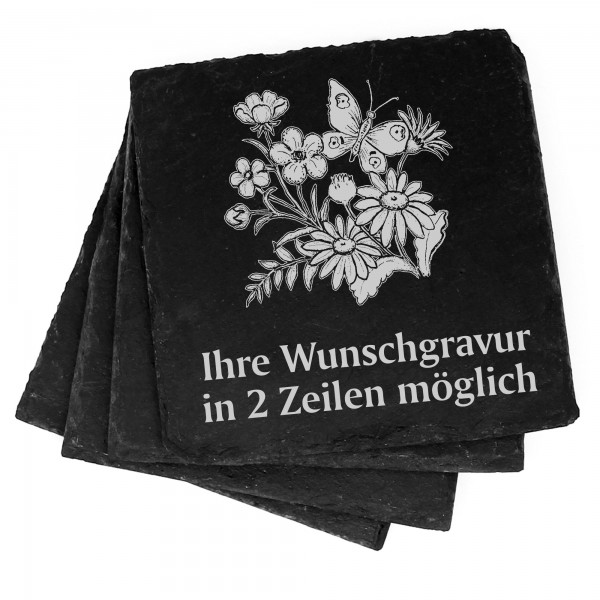 4x Blumen mit Schmetterlingen Deko Schiefer Untersetzer Wunschgravur Set - 11 x 11 cm