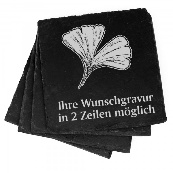 4x Ginkgo Deko Schiefer Untersetzer Wunschgravur Set - 11 x 11 cm