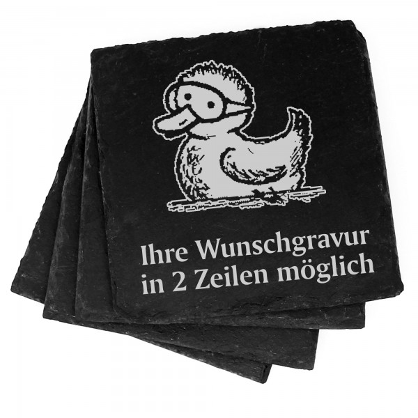 4x Ente mit Taucherbrille Deko Schiefer Untersetzer Wunschgravur Set - 11 x 11 cm