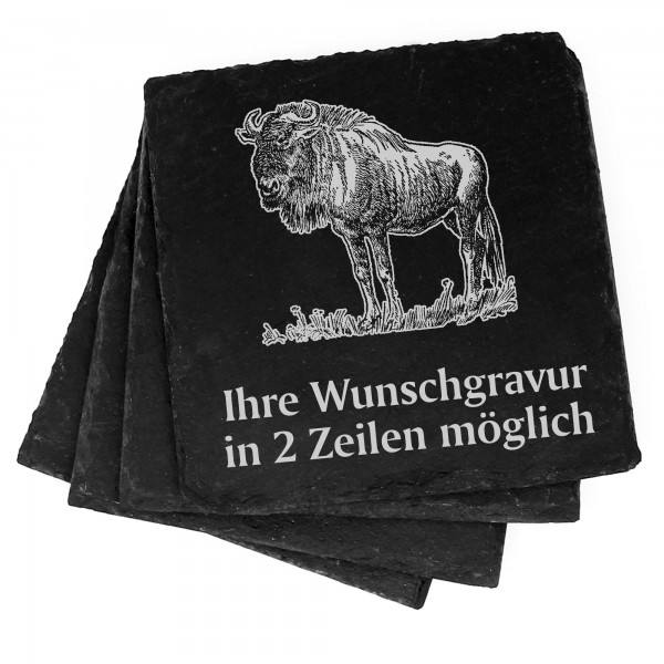 4x Gnu Deko Schiefer Untersetzer Wunschgravur Set - 11 x 11 cm