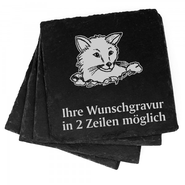 4x Fuchs im Erdloch Deko Schiefer Untersetzer Wunschgravur Set - 11 x 11 cm