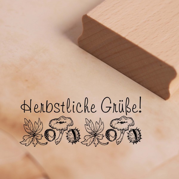 Motivstempel Herbstliche Grüße - Kastanien Pilze Herbst Stempel 68 x 28 mm