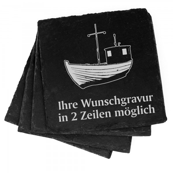 4x Fischkutter Deko Schiefer Untersetzer Wunschgravur Set - 11 x 11 cm