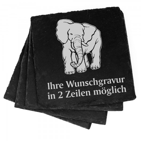 4x gezeichneter Elefant Deko Schiefer Untersetzer Wunschgravur Set - 11 x 11 cm