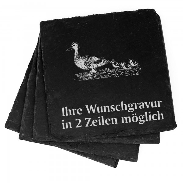 4x Entenmutter Deko Schiefer Untersetzer Wunschgravur Set - 11 x 11 cm