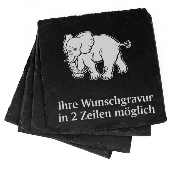 4x laufender Elefant Deko Schiefer Untersetzer Wunschgravur Set - 11 x 11 cm