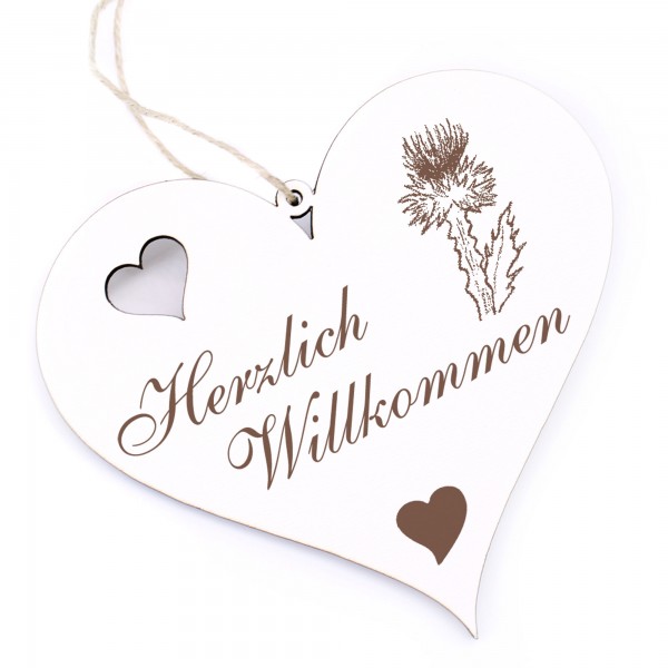 Herzlich Willkommen Schild - Eseldistel - Deko Herz Holz